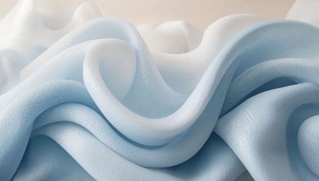 Soft pale blue draped textile with subtle texture and satin sheen, 3d rendered abstract
