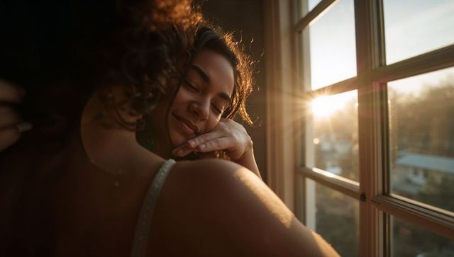 Sunlit embrace: woman resting cheek on partner shoulder by window during golden hour