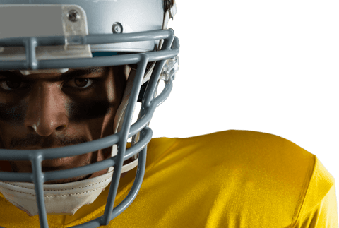 Close-up portrait of focused american football player with helmet on transparent background