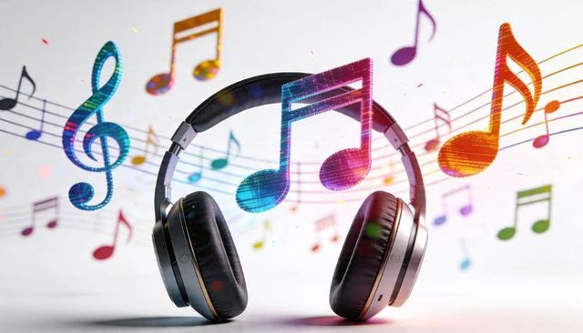 Floating holographic music notes with wireless over-ear headphones vibrant audio concept