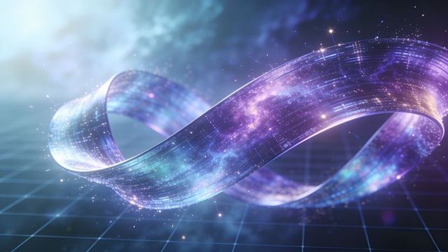 Floating infinity ribbon revealing galaxy nebula with neon holographic glow