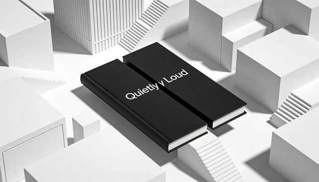Quietly loud hardcover duo on minimalist monochrome tabletop featuring geometric stairs