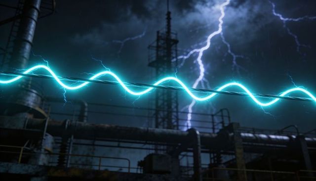 Cyan electric arc dancing along power cable at night over industrial power plant