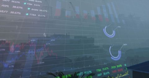 Digital financial data overlay on cityscape