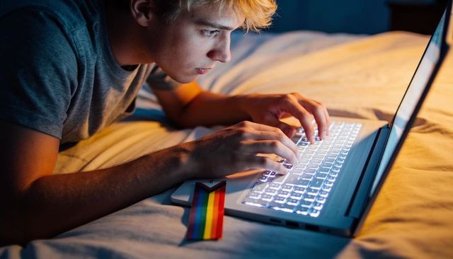 Teen studying late on backlit laptop in bedroom with rainbow pride ribbon