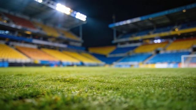 Low-angle stadium turf glowing under floodlights at night with empty soccer stands