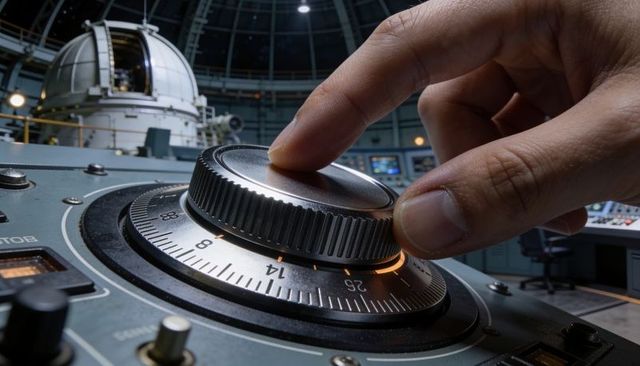 Hand turning precision knurled dial on observatory control console for telescope calibration