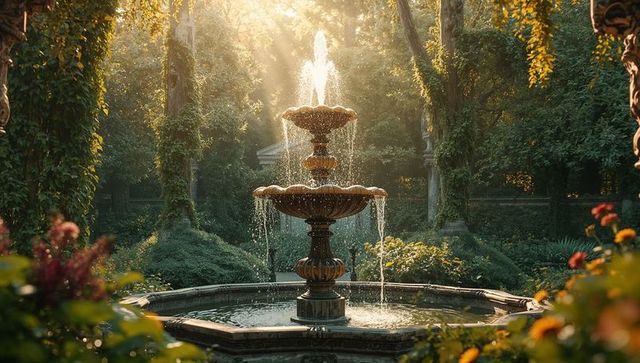 Ornate three-tier stone fountain in lush courtyard garden