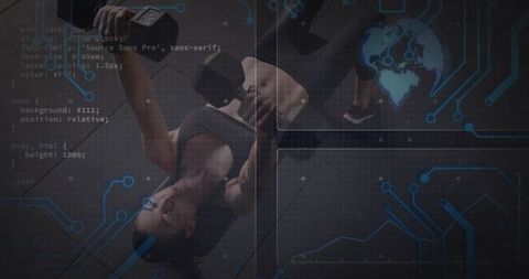 Woman performing dumbbell bench press with circuit globe overlays signaling fitness tech