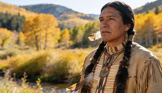 Native american man standing in buckskin regalia gazing over autumn mountain meadow