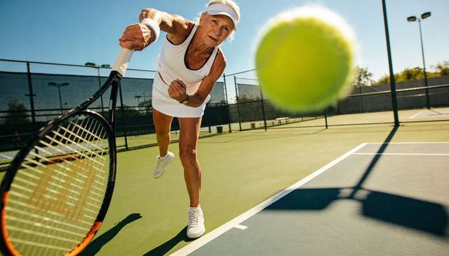 Senior woman lunging to return forehand on outdoor tennis court with blurred ball