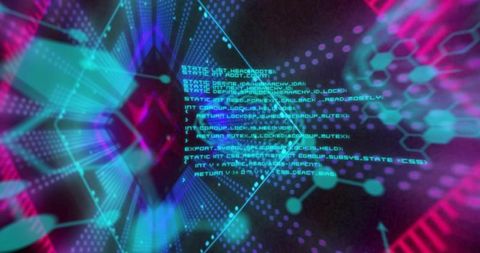 Glowing turquoise code scrolling through neon cyber network with hexagonal grid overlay
