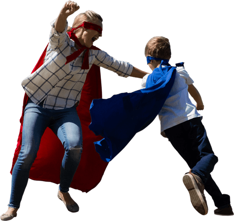 Transparent Image of Mother and Son Wearing Superhero Costumes