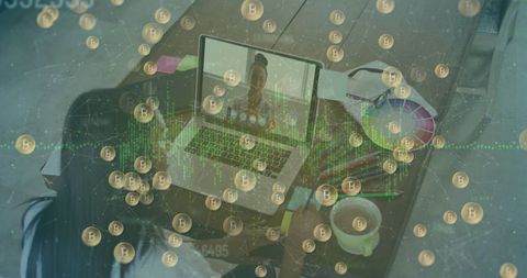 Woman Working Remotely with Bitcoin Overlay Concept