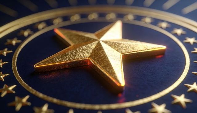 Golden raised star medal on navy background with textured metallic rings and warm rim light