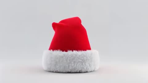 Rotating Red Santa Hat with Fluffy White Brim on Light Gray Surface - 360° Loop