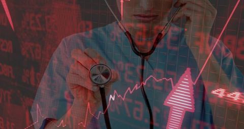 Doctor Using Stethoscope Against Financial Data Overlay in Innovative Healthcare