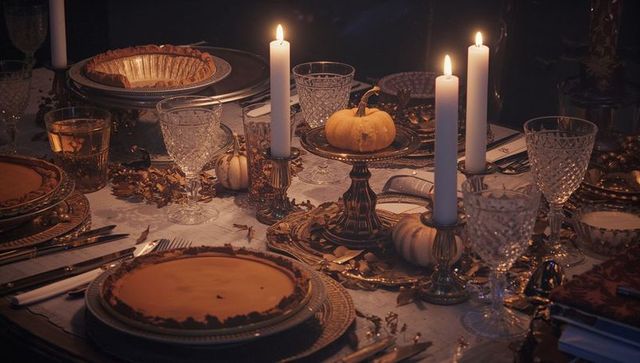 Elegantly decorated thanksgiving table with pies and candles