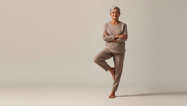 Senior woman balancing barefoot on one leg in beige loungewear with arms crossed