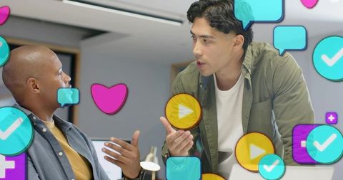 Collaborative ar meeting: diverse coworkers discussing digital project with floating ui