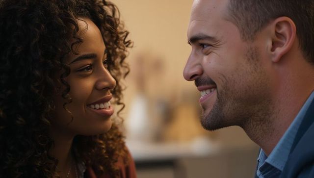 Smiling interracial couple sharing warm gaze in cozy kitchen intimate romantic closeup