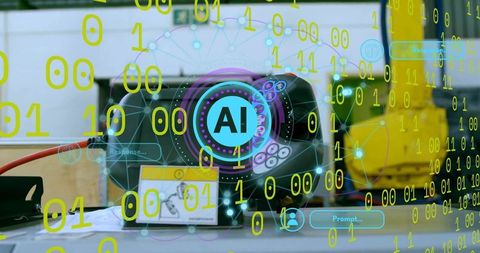 Projecting ai holographic interface industrial robotics bench visualizing data streams