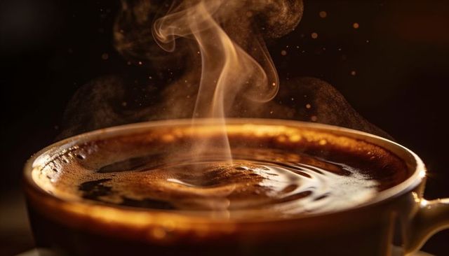 Steaming ceramic coffee cup revealing rich crema and swirling espresso, warm cozy aroma