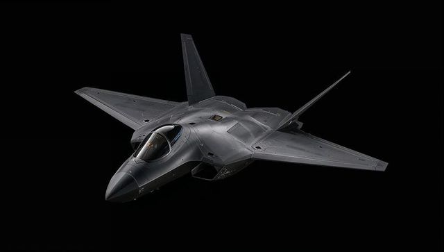 Stealth fighter jet with trapezoidal wings highlighting advanced design