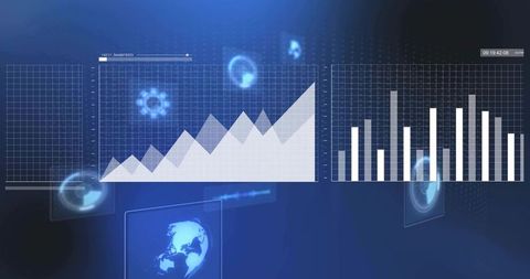 Futuristic Blue Analytics Dashboard Displaying Holographic Area and Bar Charts with Global Data Grid