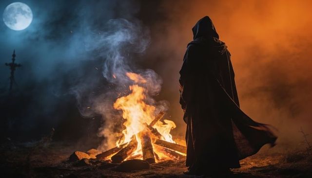 Hooded figure watching bonfire under full moon ritual night cloak silhouette and smoke