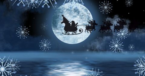 Santa Claus Flying Across Moonlit Night in Winter Wonderland