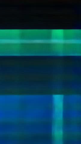 Vertical video showing glitching neon scanlines with cyan vertical bar crossing teal bands