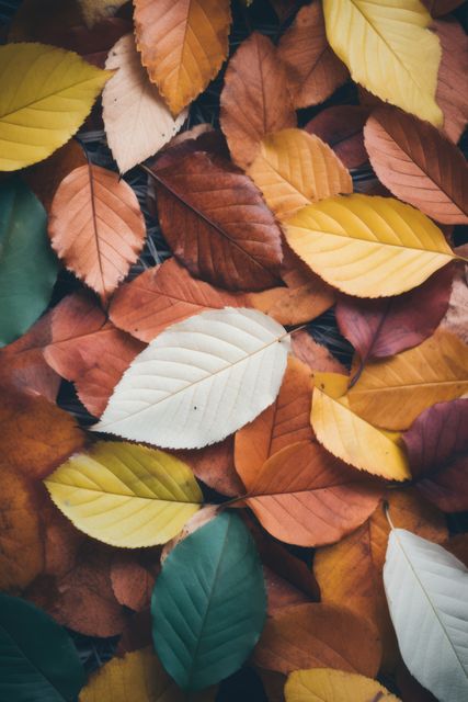 Colorful autumn leaves cover ground offering vibrant seasonal display of nature's changing colors, suitable for use in projects requiring fall-themed backgrounds, nature storytelling, or seasonal promotional materials.