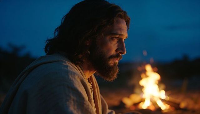 Bearded man in robe gazing into campfire at dusk for spiritual cinematic contemplation