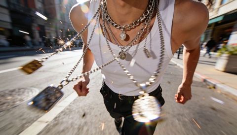 Urban runner wearing layered silver chain necklaces swinging with sparks and motion