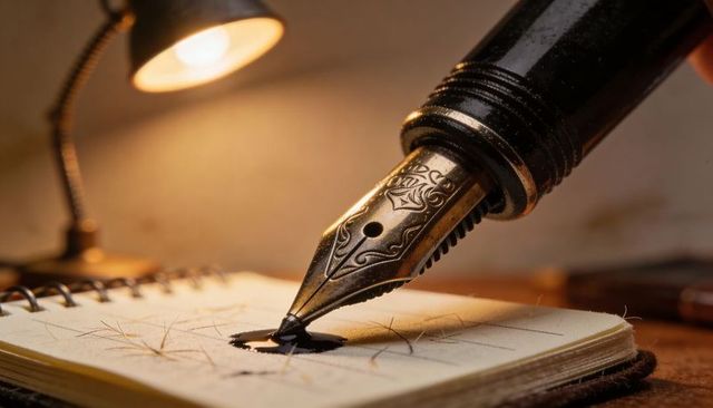 Macro fountain pen nib forming black ink bead on spiral notebook under warm lamp