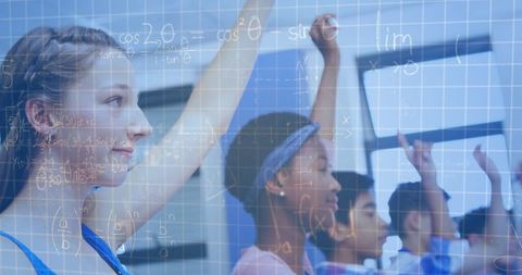 Schoolchildren Engaged in Math Classroom with Equations Overlay