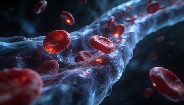 Flowing red blood cells in microvessel with luminescent plasma 3d medical render