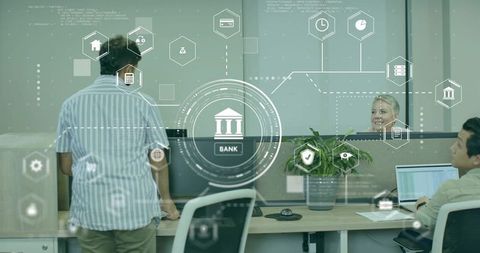 Modern banking technologies with holographic interface at counter