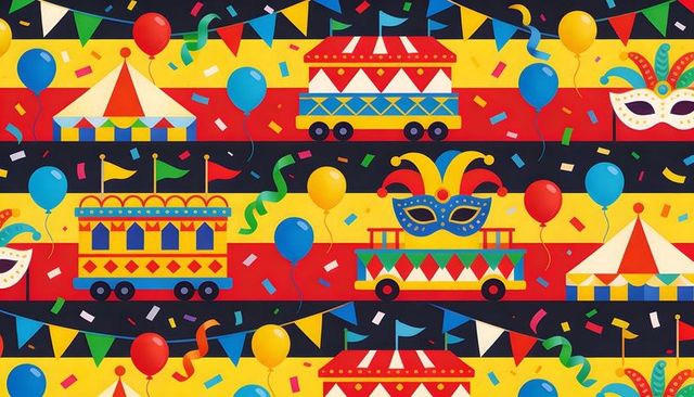 Colorful carnival parade pattern featuring masquerade mask floats, balloons, confetti