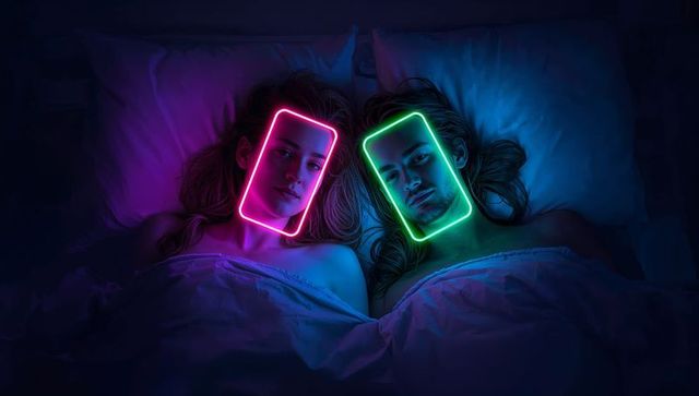 Couple in dim bedroom with neon smartphone glow
