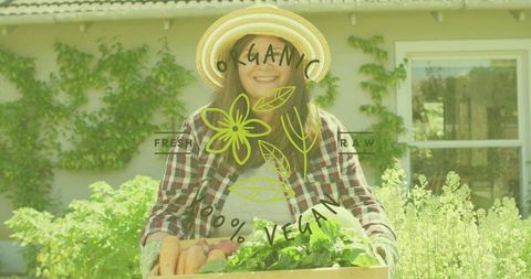 Female Farmer Holding Organic Vegetables with Vegan Label Overlay