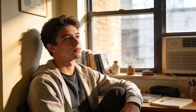 College student contemplating by sunlit apartment window with desk, notebooks, plants and ac