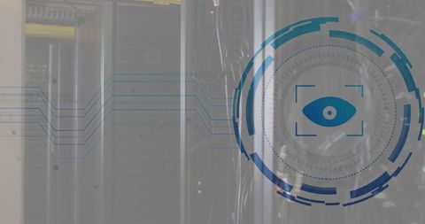 Cybersecurity eye overlays on server room background