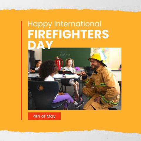 Firefighter teaching school children on international firefighters day