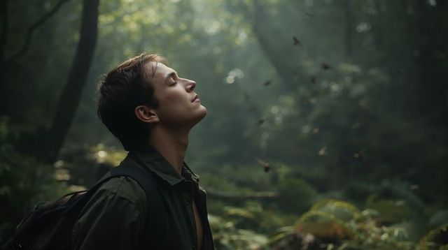 Young male hiker breathing mist in sunlit forest clearing, backpack and mossy ferns