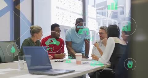 Diverse Team Collaborating with Eco-Friendly Icons in Corporate Lounge