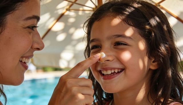 Mother applying sunscreen to smiling daughter at poolside under parasol, summer sun care