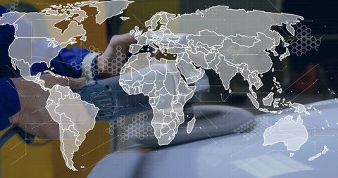 Precision grinding metal pipe with angle grinder and global industry map overlay
