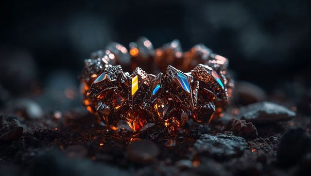 Futuristic metallic ring with glowing orange-blue facets on rocky surface